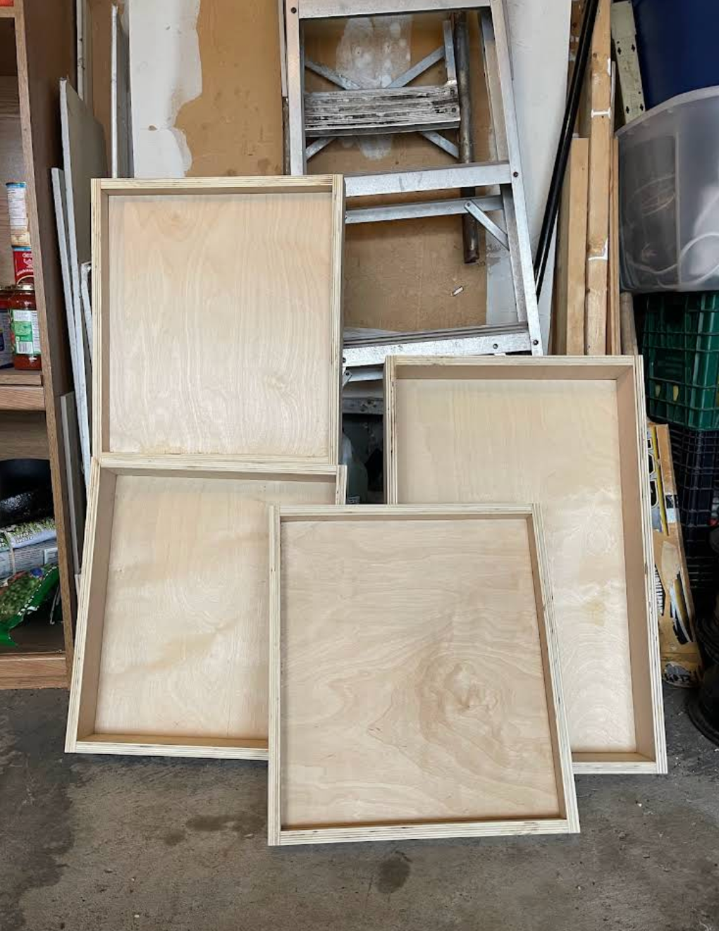 Custom plywood framed panels in workshop